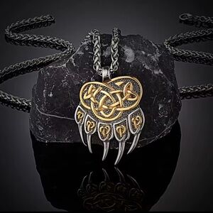 18K White & Gold Bear Claw Viking Celtic Pendant Necklace Witch Biker Unisex.